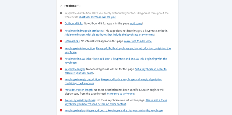 example of SEO problems as provided by the Yoast SEO plugin